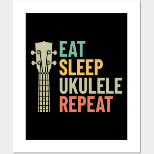 Eat Sleep Ukulele Repeat Ukulele Headstock Retro Theme Posters and Art